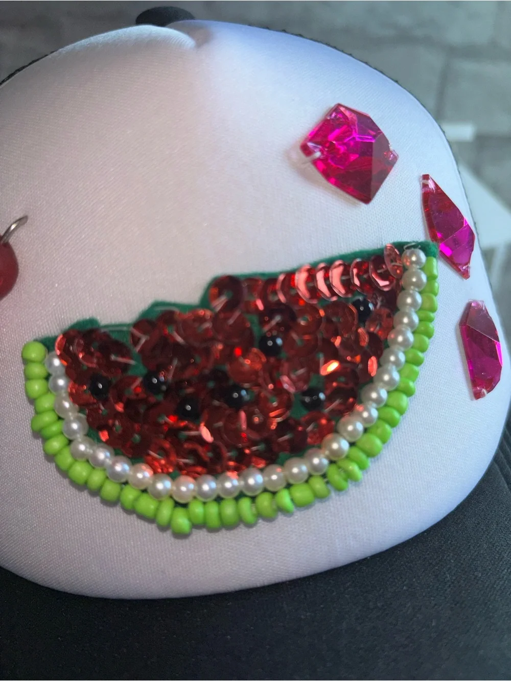 Black & White Trucker Hat w/Handmade, Pink Bead & Green Sequin Watermelon Accent